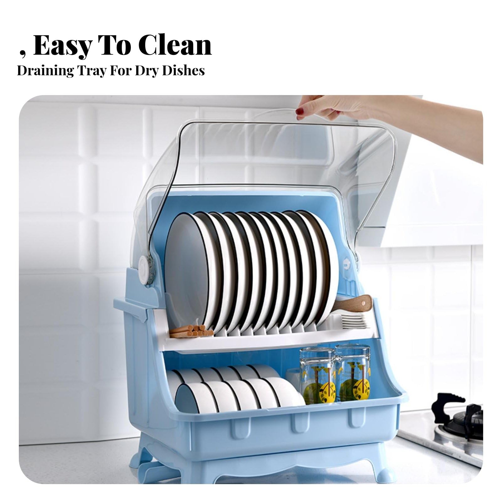 Escurridor de Platos para Cocina Estante de Vajilla con Cubierta Protectora de Material PP con Cajón Desmontable para Platos Vasos Cubiertos Adecuado para Cocina Pequeña Hogar Oficina, Azul