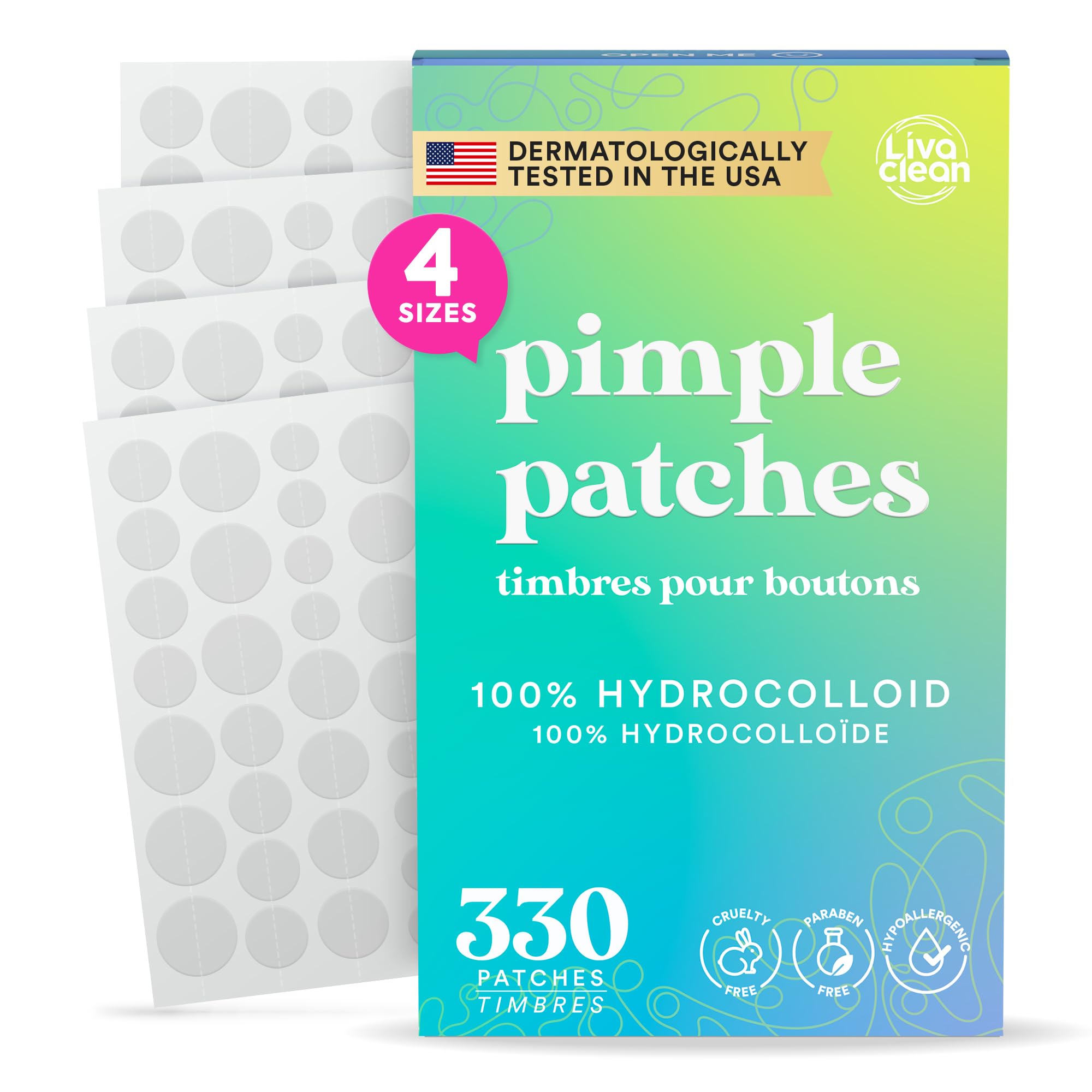 LivaClean 330 CT Pimple Patches for Face - 100 Hydrocolloid Acne Patches - Four Sizes - Acne Dots