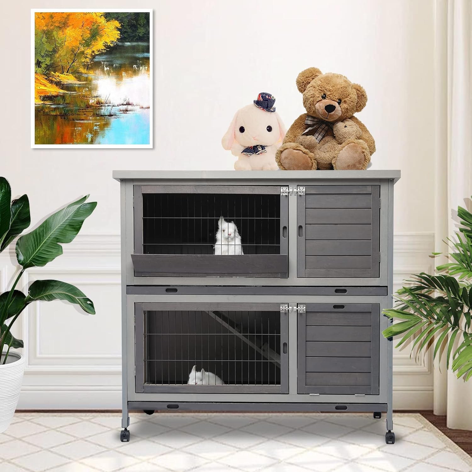 Rabbit Hutch Indoor with Wheels/Pull Out Plastic Trays/Ramp