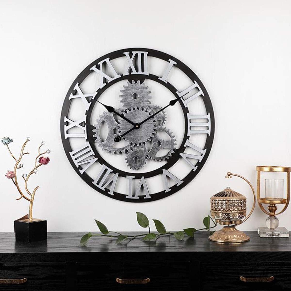 Zegary ścienne, Zegar ścienny 58 cm Duży zegar 3D Gear Retro Industrial(Silver)