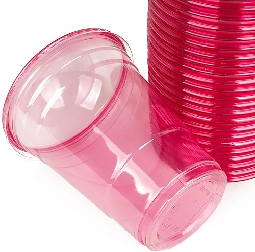 Miniatura 4 de Golden Apple, Juego de 30 tazas de plástico rosa y rojo con tapas de cúpula transparente con agujero (30 tazas + 30 tapas) sin BPA