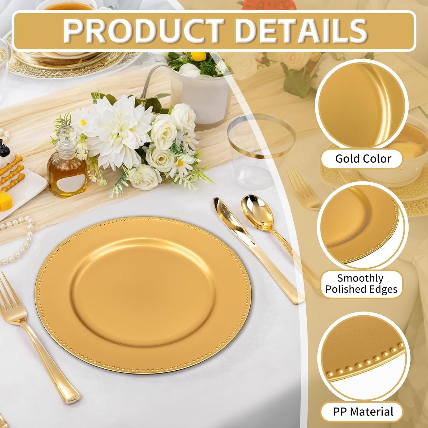 PROY 13" Gold Charger Plates Set of 6,Premium Gold Chargers for Dinner Plates with Beaded Rim, Plastic Table Chargers for Wedding Party, Elegant Tabletop Decor, Thanksgiving, Christmas