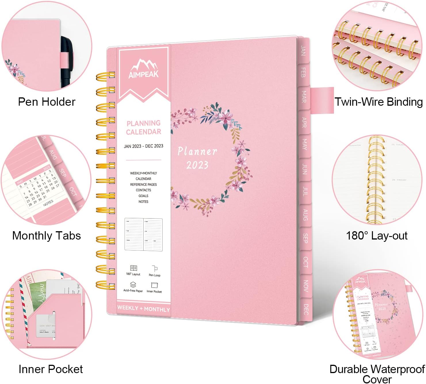 2023 Weekly & Monthly Planner, Jan. 2023 - Dec. 2023, AIMPEAK Planner 2023, Monthly Tabs, Inner Pocket, Pen Loop, PVC Waterproof Cover, Notes Pages, Spiral Binding, 138Pages, Pink Garland(7"x10") : Office Products