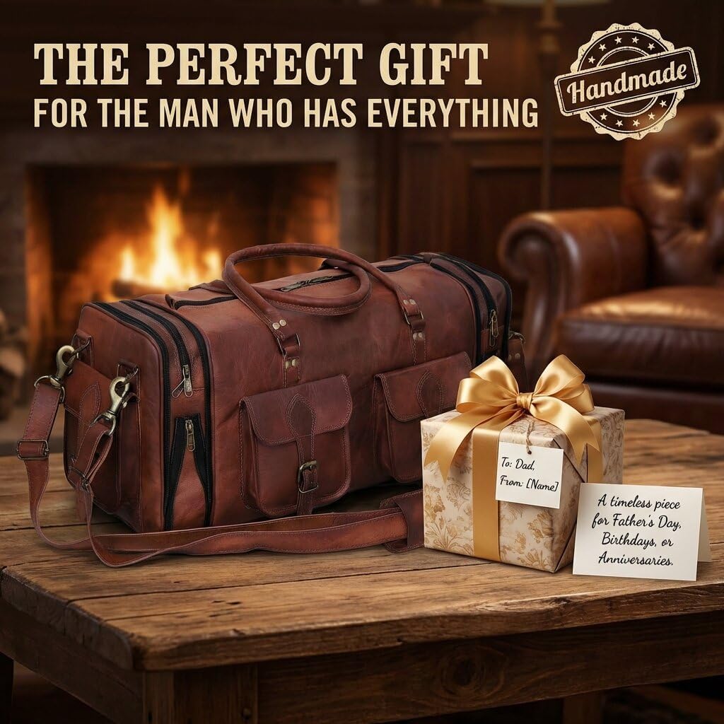Weekender Leather Duffel Bag Overnight Women Men Girls Boys Vintage Travel Duffle with Shoulder Strap Carry On Sports Gym 20 Inch Handmade Leather Luggage Carryall Cool Gifts for Him by Cureo