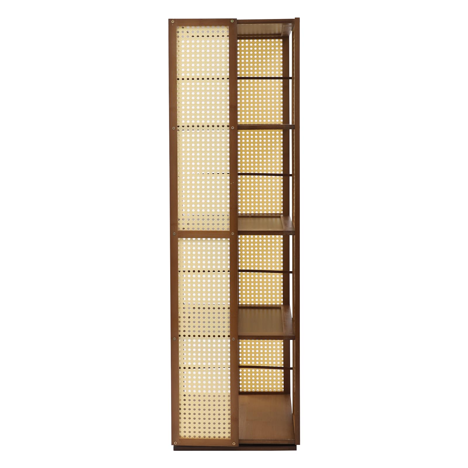 Estantería giratoria de 360° con placas perforadas, diseño de 4 niveles, distancia de 28,5 cm, bambú musgo, torre de libros, estantería giratoria de pie, salón, oficinas (marrón bronceado)