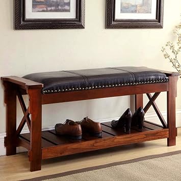 All Things Cedar Classic Accents HR360 Padded Entryway Bench | Cherry Wood Bench | Birch Veneer, Solid Wood Legs & Shelf Storage | Elegant Wooden Entry Bench | 43.75x17.5x20