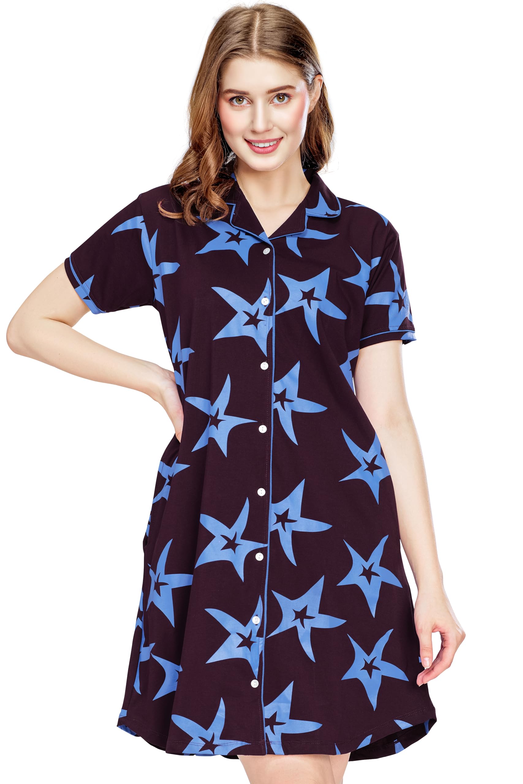 Women's Cotton Night Dress Star Printed Knee Length Night Gown 5793-image-47
