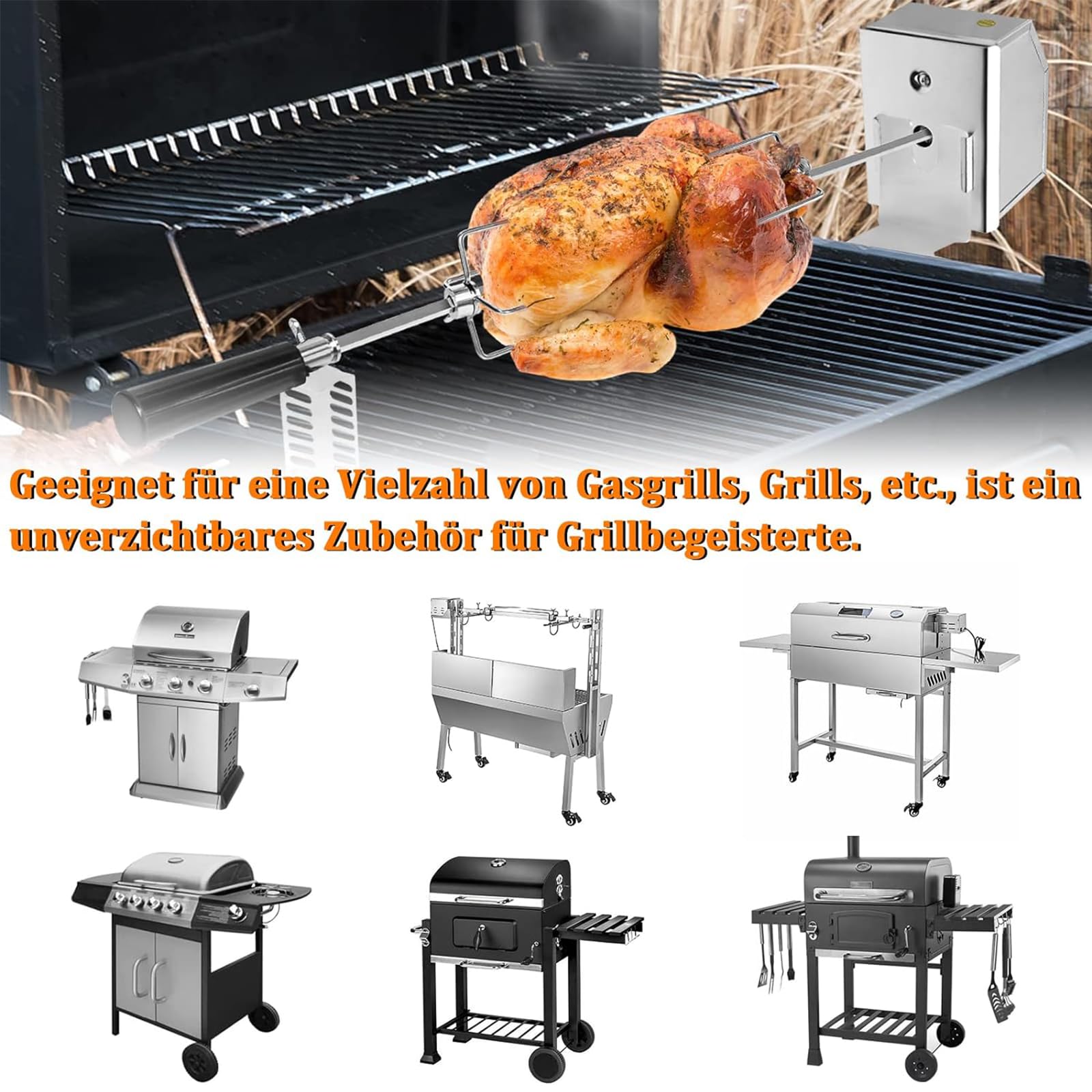 YUENFONG Grillspieß Motor Set, Edelstahl Grillspieß Motor 220-240V, Grillspieß 107cm, Elektrischer Drehspieß mit 2X BBQ Fleischnadeln, für Außenaktivität, Camping-Picknicks, Partys
