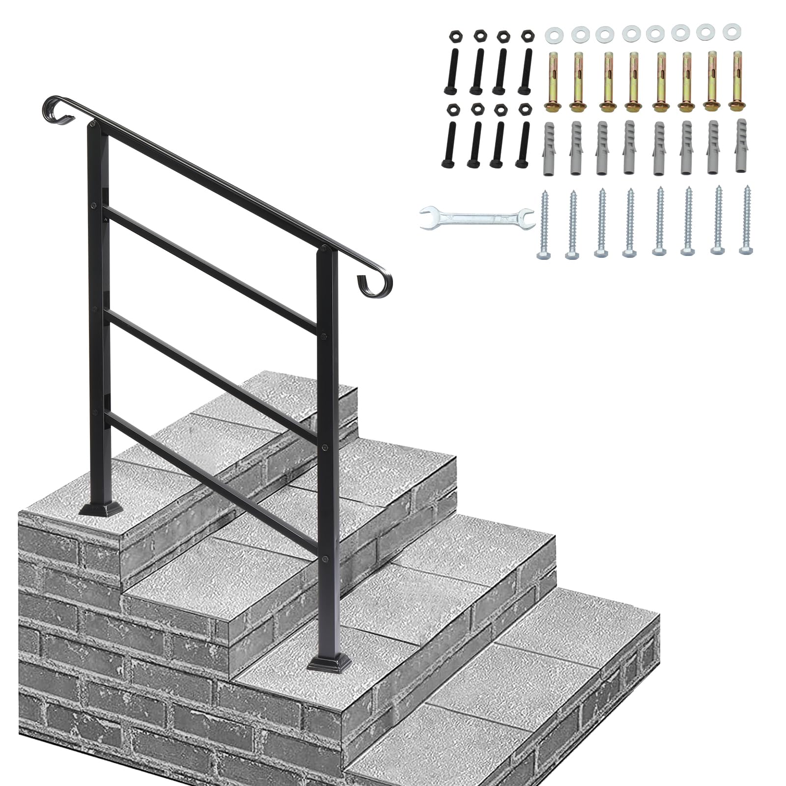 Outopee Adjustable Handrail for Outdoor Steps, Wrought Iron Exterior Handrail, Fit 1 to 3 Steps Stair Railing, Transitional Handrails with Installation Kit for Garden, Backyard & Balcony, Crimped