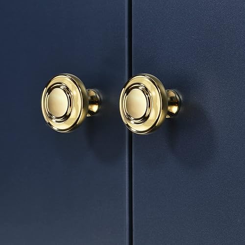 Miniatura 4 de Paquete de 5 pomos de latón pulido para gabinetes de cocina, pomos redondos dorados para cajones de tocador, 1.23 pulgadas y 1.220 in de diámetro,