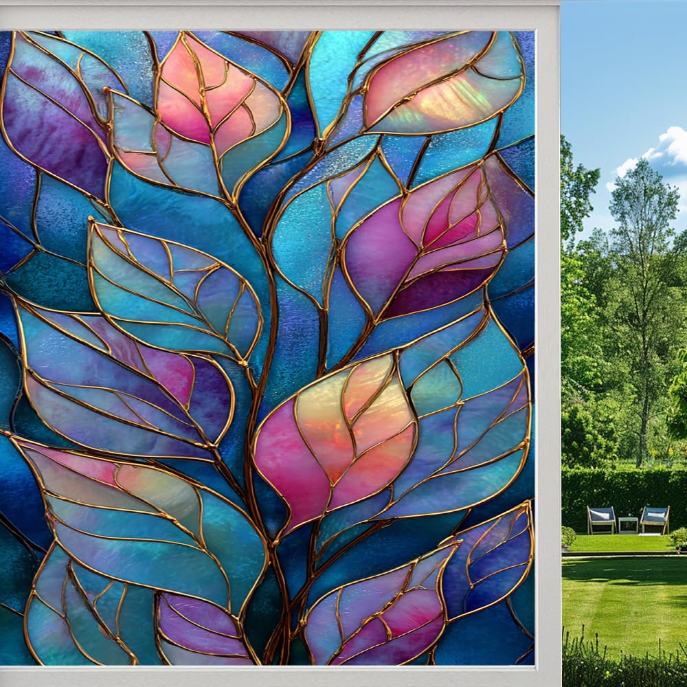 Pmlbaous Colorful Leaves Frosted Window Film, Green Natural Leaf Plants Stained Glass Privacy Film, Heat Insulation Self-Adhesive Vinyl For Bathroom Office, （80X120cm）