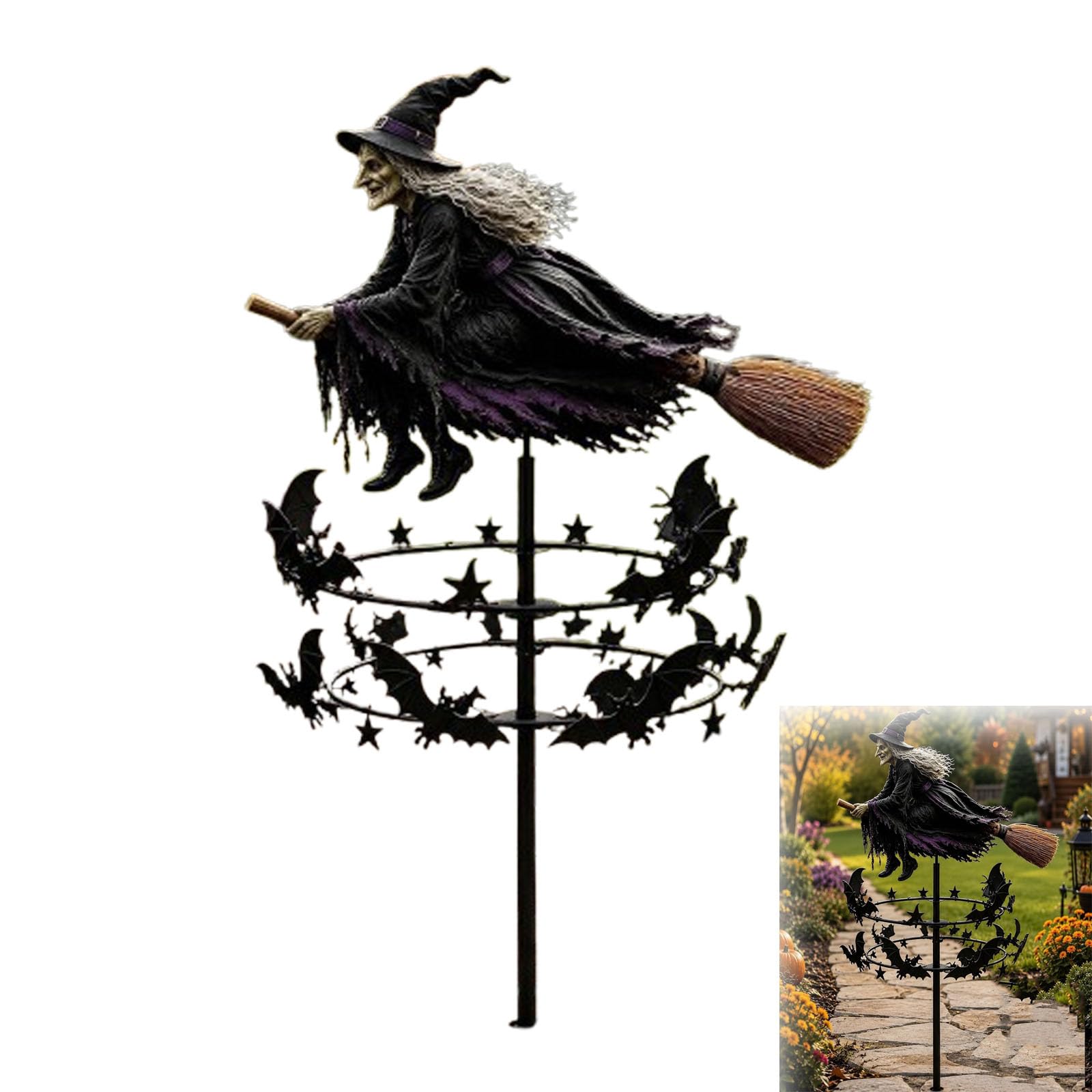 The Enchanted Witch Garden Wind Spinner, Metal Halloween Yard Art Outdoor Decor, Witch Wind Sculpture with Bat Spinner, Stable Ground Stake for Autumn Lawn, Patio, Gothic Ornament (1pcs)