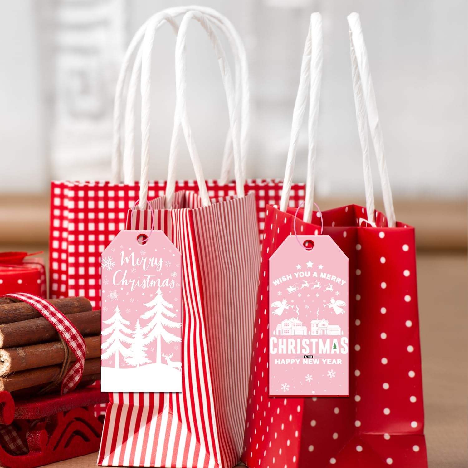 Doumeny 120PCS Pink Christmas Paper Tags - Winter Snowman, Santa Claus, Xmas Tree, Snowflake Hanging Labels With String - Let It Snow Tags for DIY Art Crafts Wrapping - Image 6