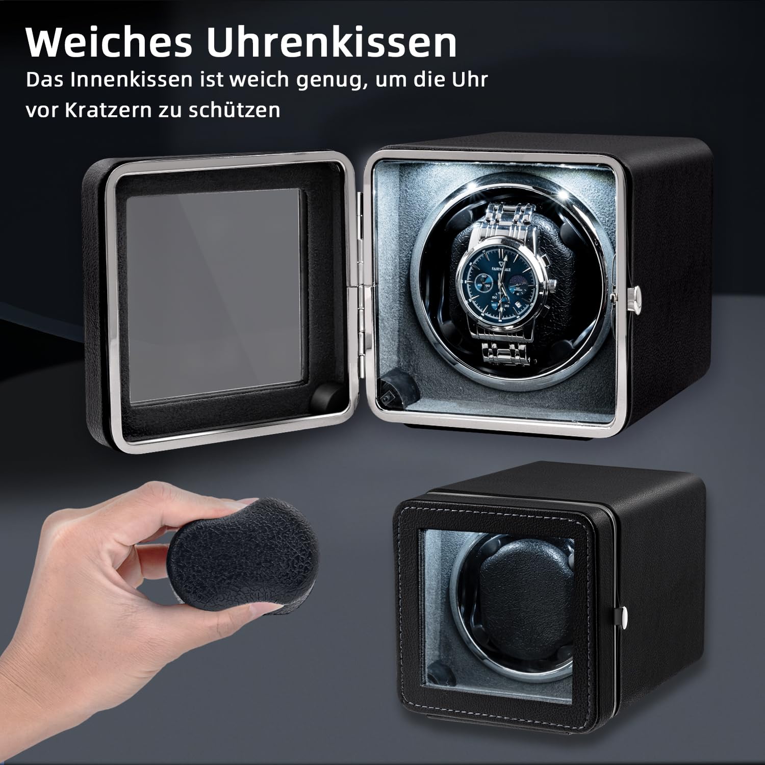 Mcbazel Automatischer Uhrenbeweger, Eleganter Automatischer Einzeluhrenbeweger Gehäuse, Leiser Motor, 4 Rotationsmodi, Uhrenbeweger Box Rechteckig, PU-Leder mit LED-Licht – Schwarz