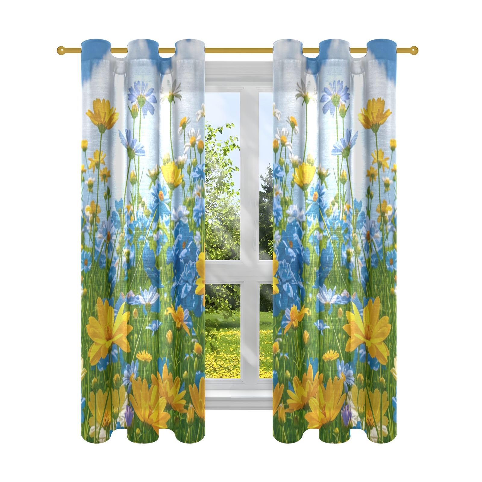 Rideaux occultants bloquant la lumière motif marguerites jaune et bleu ciel pour fenêtres
