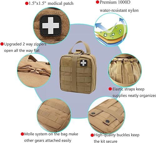 Miniatura 4 de Carlebben Estuche EMT Rip-Away Molle Pouch Ifak Pouch Medical First Aid Kit Utility Pouch 1000D Nylon (con suministros médicos bronceado)