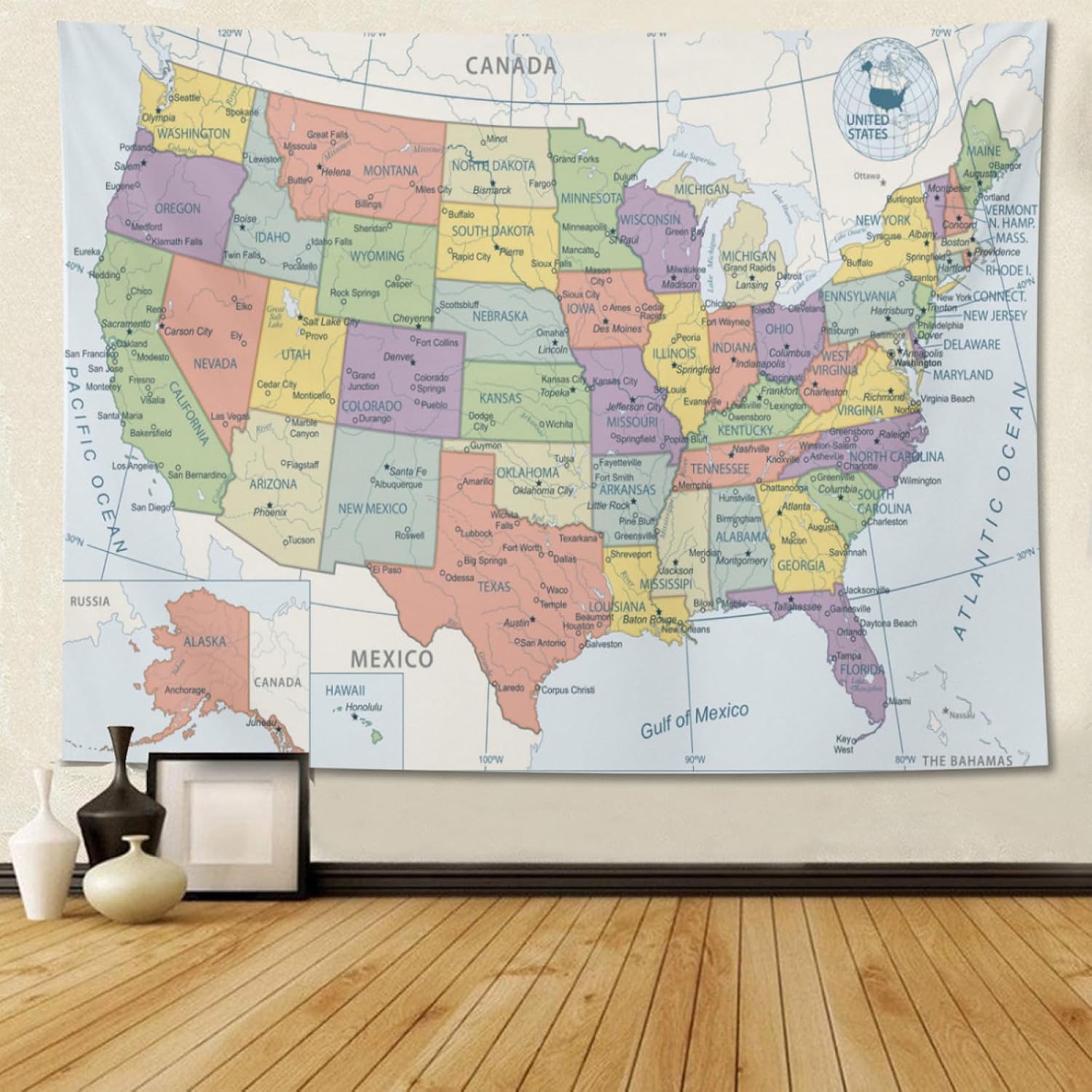 MOUNDHONG American Map Tapestry Wall Hanging, Art Tapestry Retro Wall Art Large Wall Tapestries for Bedroom College Dorm Living Room Decor 60 x 90 in