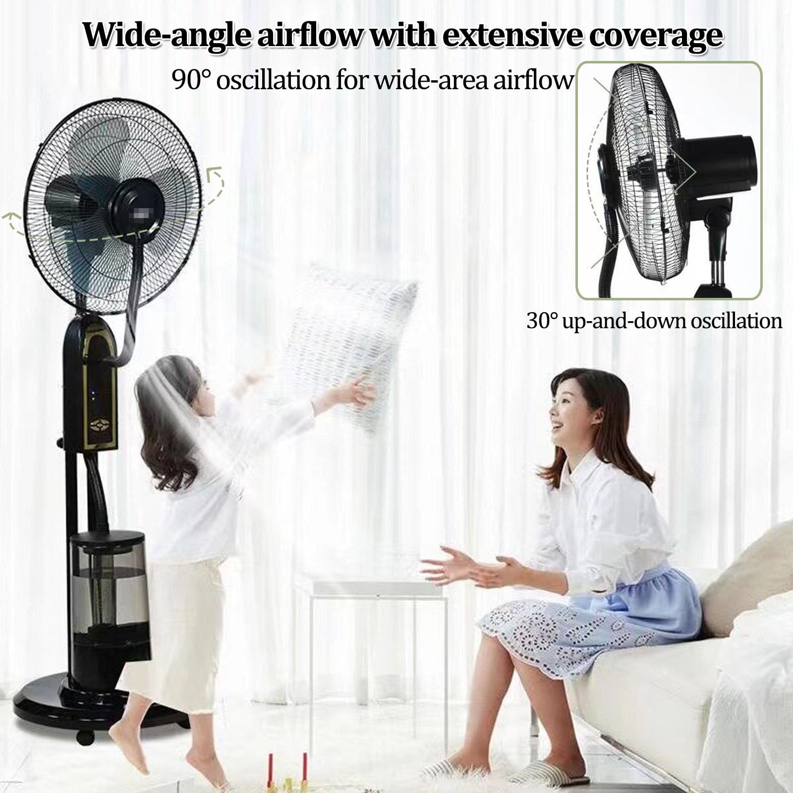 Ventilatore a piantana con nebulizzatore da 16 pollici | Con serbatoio dell'acqua da 4 L, timer da 7,5 ore, 3 velocità del vento, telecomando e pannello di controllo(A)