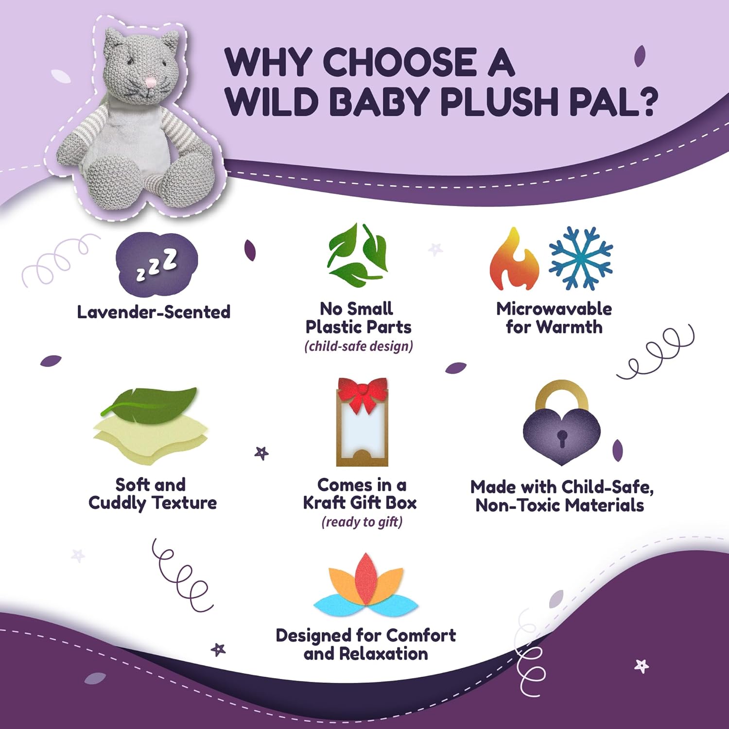 WILD BABY Microwavable & Weighted Plush Toy - Cat Stuffed Animal for Comfort & Warmth - Soft, Heatable Plushie for Snuggles - Great for Kids, Toddlers & All Ages - Image 3