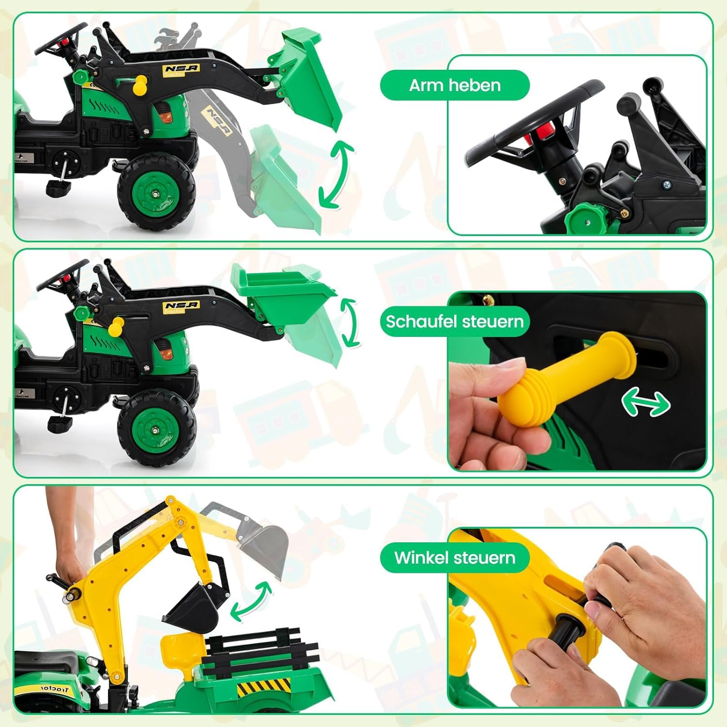 DREAMADE Trettraktor, Kindertraktor mit Anhänger & Schaufel & Frontlader, Kinderbagger Sitzbagger mit Hupe & Rechen, Tretfahrzeug für Kinder ab 3 Jahren (Grün)