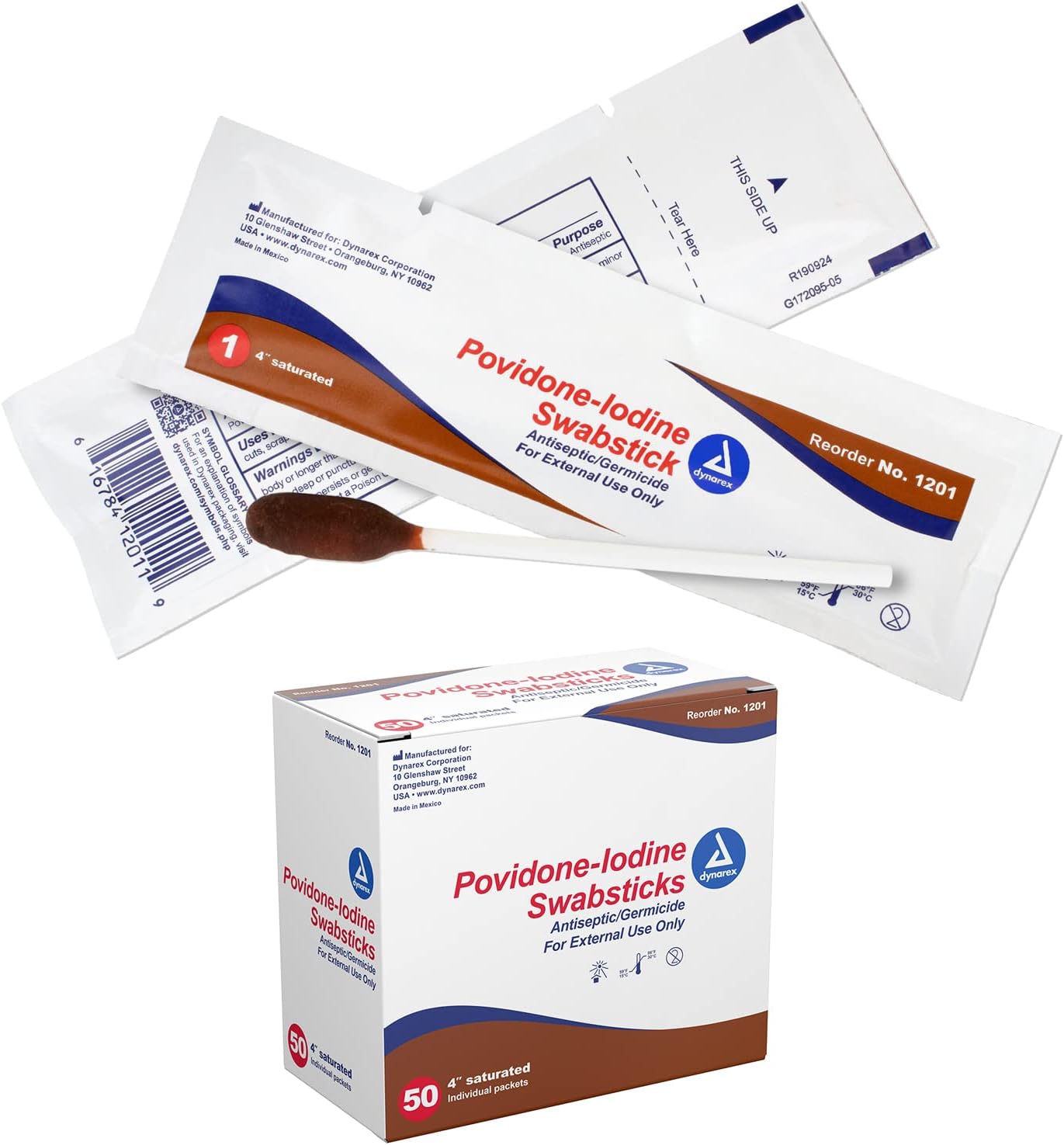 Povidone Iodine Swabsticks, Swabstick Packaged in Individual Foil Pack, Antiseptic for Skin Preparation, Brown, 1 Box of 50 Povidone Iodine Swabsticks