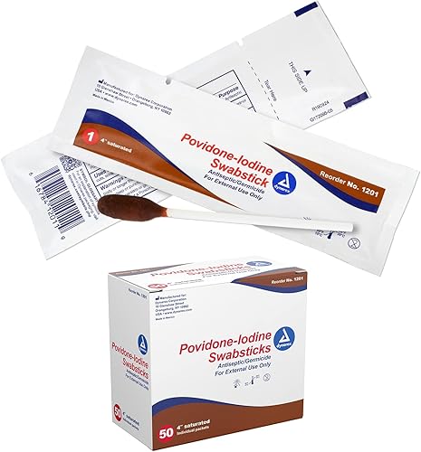 Dynarex Hisopos de yodo povidona, hisopos empaquetados en paquete individual de aluminio, antiséptico para preparación de la piel, marrón, 1 caja de