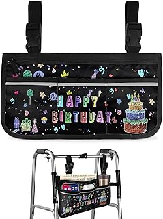 Happy Birthday Wheelchair Side Bag Walker Bag, Celebration Cake Balloon Gifts Black Wheelchair Accessories Armrest Pouch, Organizer Storage Bag for Walkers, Rollators, Scooters, 7.3'x13'