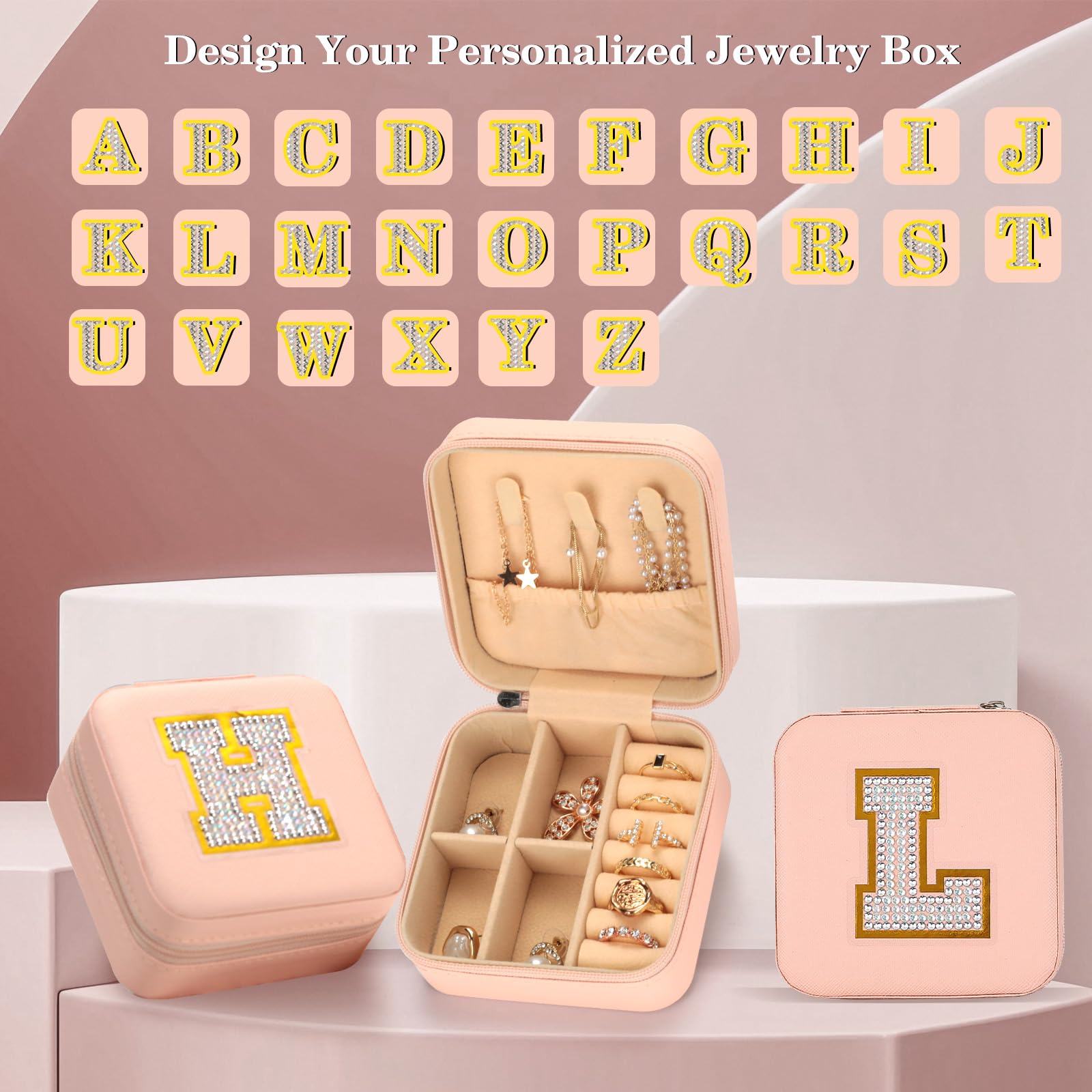 VINATO Portagioielli Personalizzabile con Lettere Diamantate 10x10x5 cm DIY Scatola Porta Gioielli da Viaggio in Pelle PU Rosa