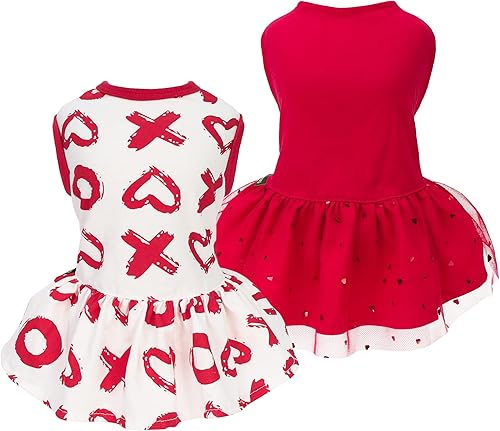 Fitwarm Paquete de 2 vestidos de tul XOXO para el día de San Valentín ropa para perros pequeños ropa para gatos rojo XXS