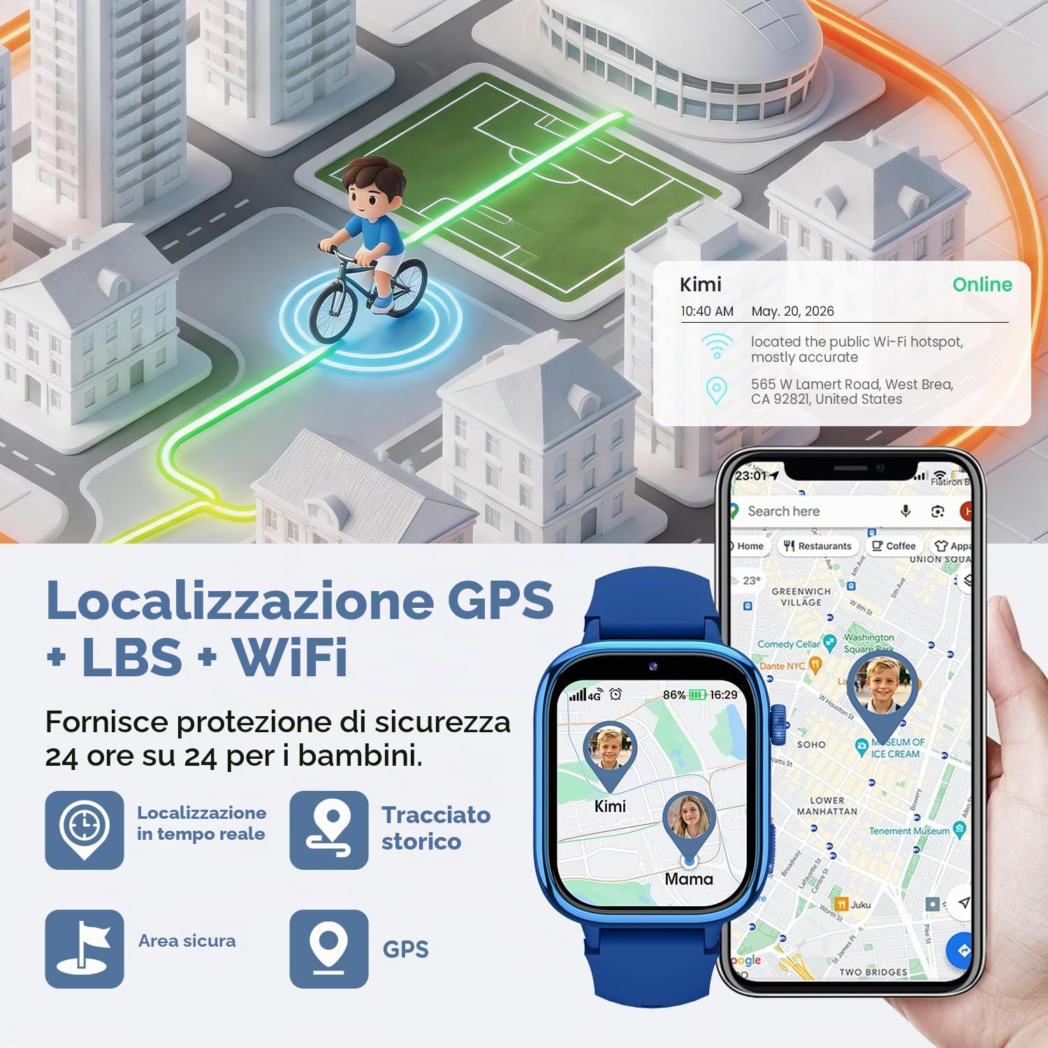 Nuovo 4G Smartwatch Bambini con Videochiamate & GPS, IP68 Impermeabile Smart Watch con SOS SMS Chat Vocale Modalità Scuola, Contapassi, Sveglia Monitoraggio del Sonno Regalo per Bambini e Bambine Blu