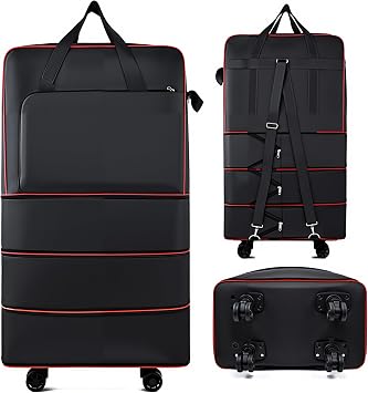 Foldable Duffel Bag,Large Expandable Rolling Travel Duffle Bag with Wheels Waterproof Collapsible Luggage Carry on Duffel Bag with Wheels and Handle, Black