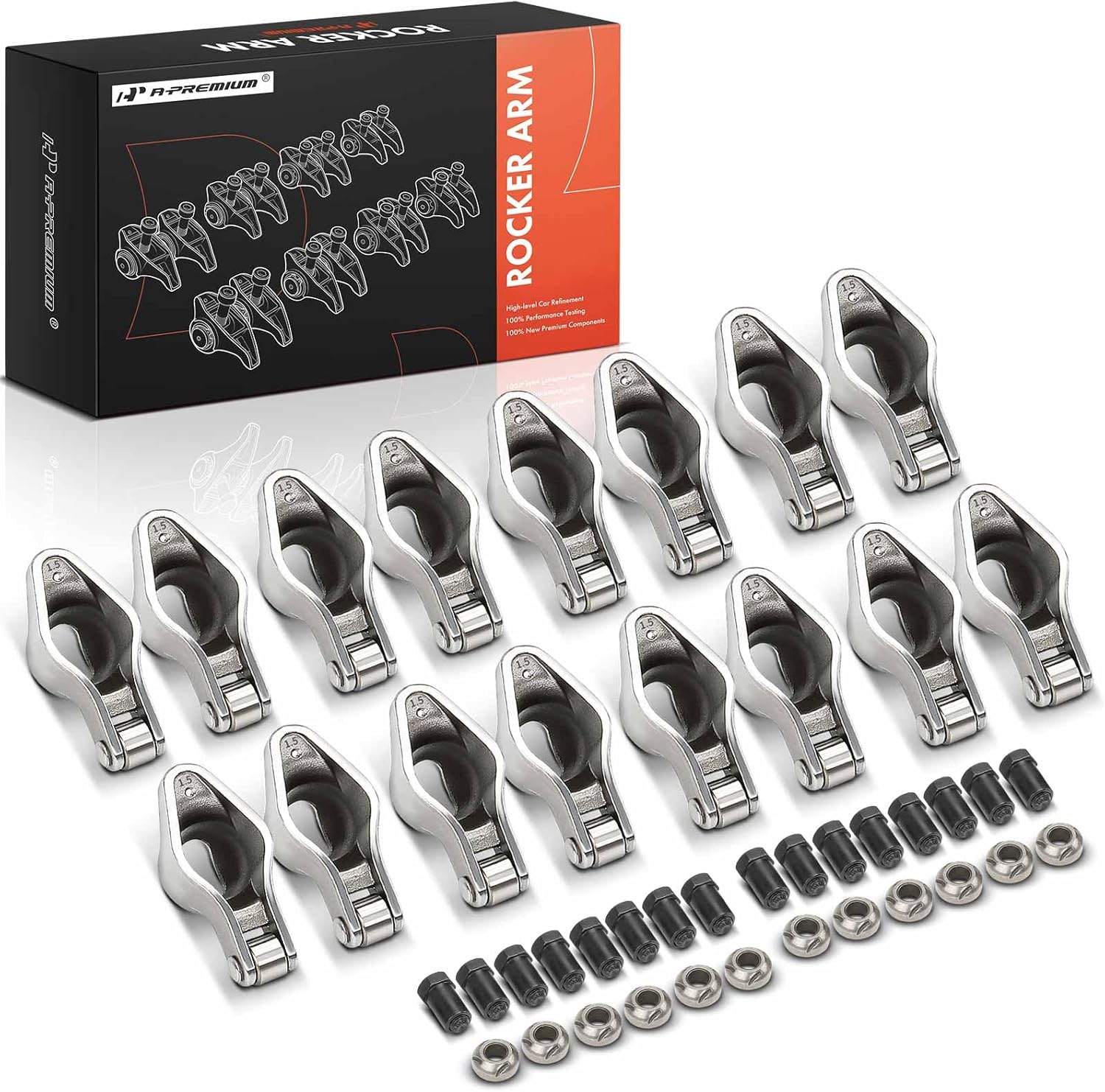 A-Premium 16Pcs Alloy Steel Engine Roller Rocker Arms Compatible with Small Block Chevy SBC 350, 1.5 Ratio, 3/8" Studs
