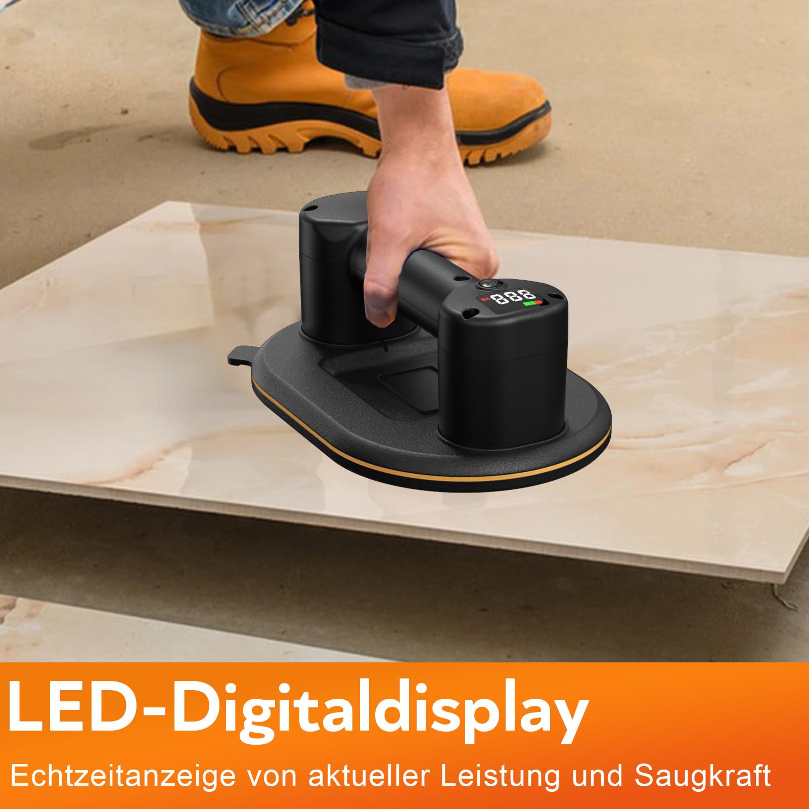 2 Stück Akku Saugheber, 300kg Saugkraft Saugheber Fliesen Akku mit Doppelmotor, LCD-Display, 4000 mAh integrierter Lithium-Ionen-Akku, Durchmesser 24 cm, Saugheber Akku für Fliesen, Glas, Marmor