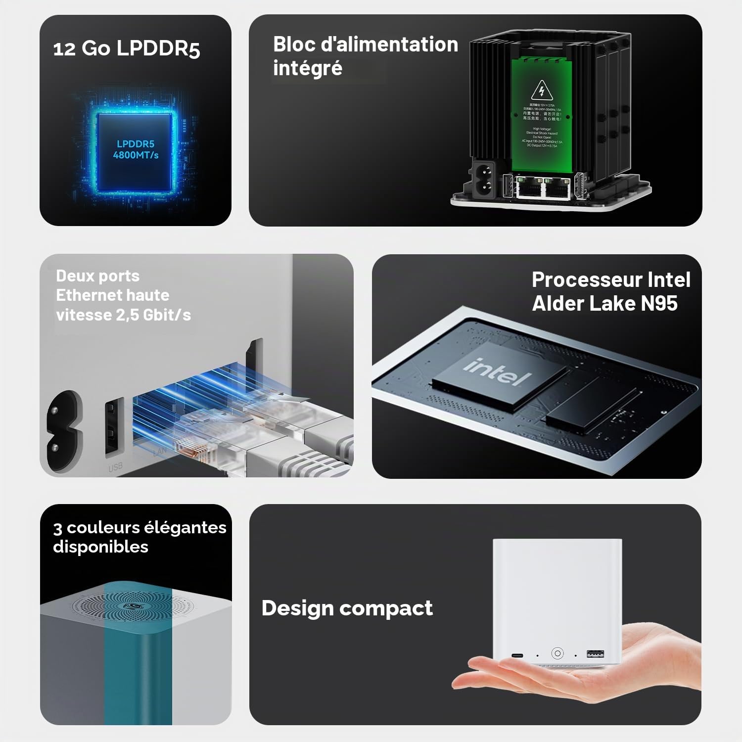 Beelink ME Mini, Mini PC NAS, Intel Alder Lake N95 (4C/4T, jusqu'à 3,4 GHz), 12 Go de mémoire LPDDR5, 64 Go de SSD PCIe, 6 emplacements M.2 PCIe 3.0, WiFi 6, Bluetooth 5.2, Double réseau LAN 2,5 GHz