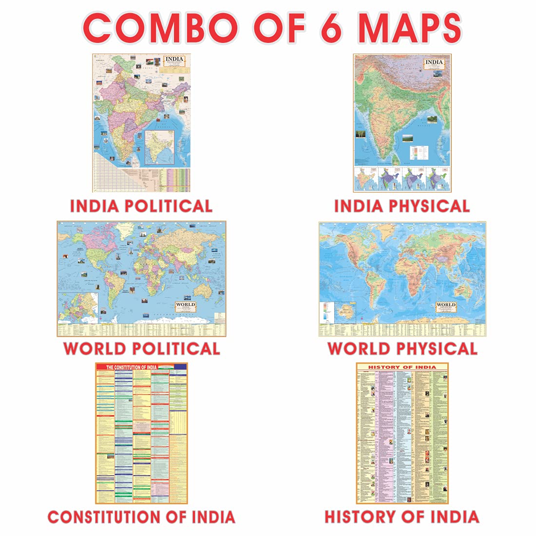Combo of 6 Educational Maps/Charts – Indian Constitution & History of India with India & World Political & Physical Maps |for UPSC, SSC, Competitive Exams |40 x 28, 23 x 36 inches) by EOI Marketing