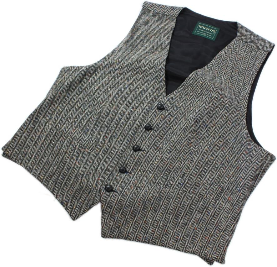 Mucros Men's Irish Tweed Vest Grey Herringbone Wool Full Back Made in Ireland