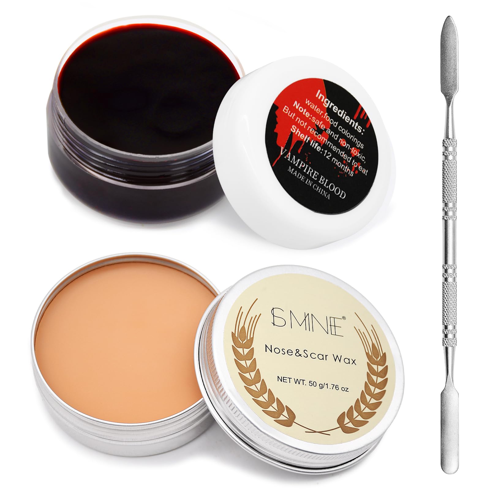 3 Piece Scar Wax SFX Makeup Kit with Fake Blood Gel, Skin Wax, Spatula Tool