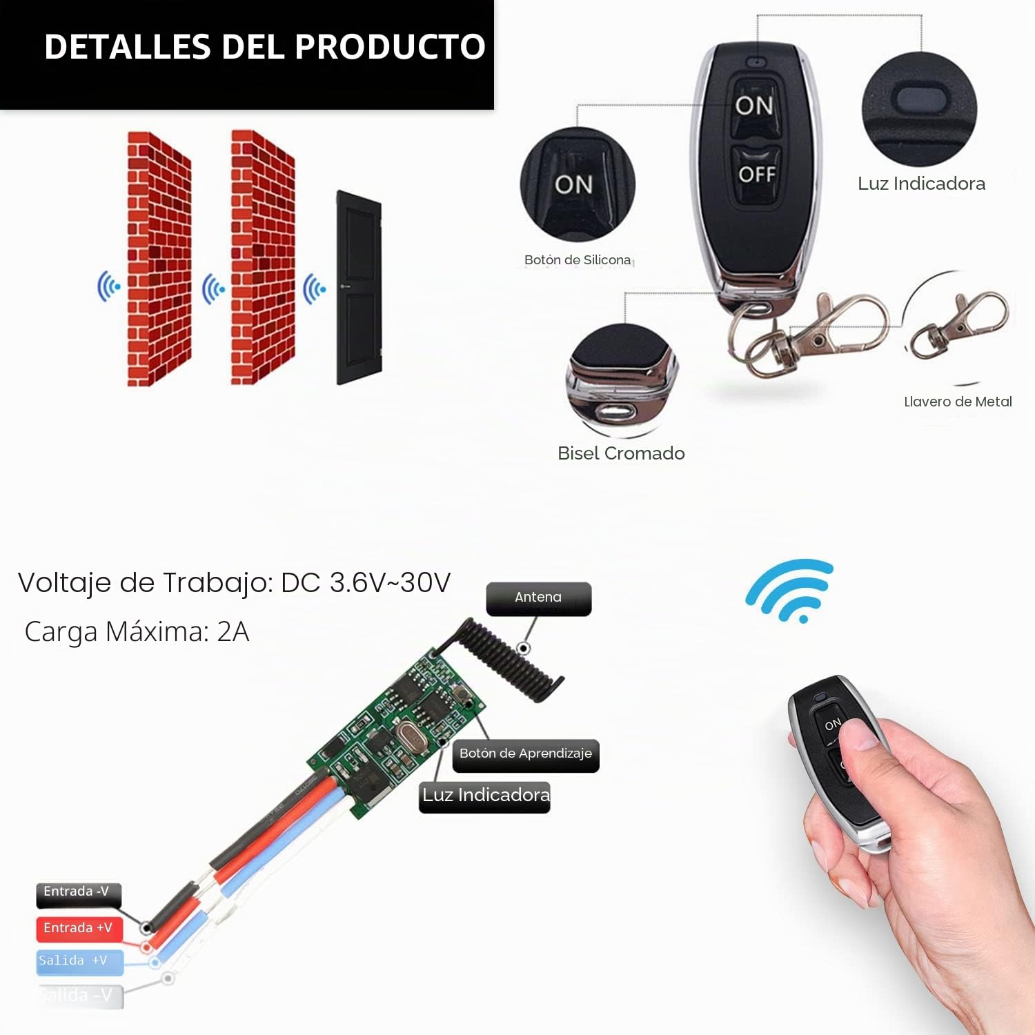 DieseRC 2 Módulos Receptores con 2 Transmisores Interruptor de Control Remoto Inalámbrico DC 3.6V 5V 12V 24V 30V 2A 1 Canal 433Mhz Mando a Distancia por Radio Controlador de Tamaño mini Pequeño