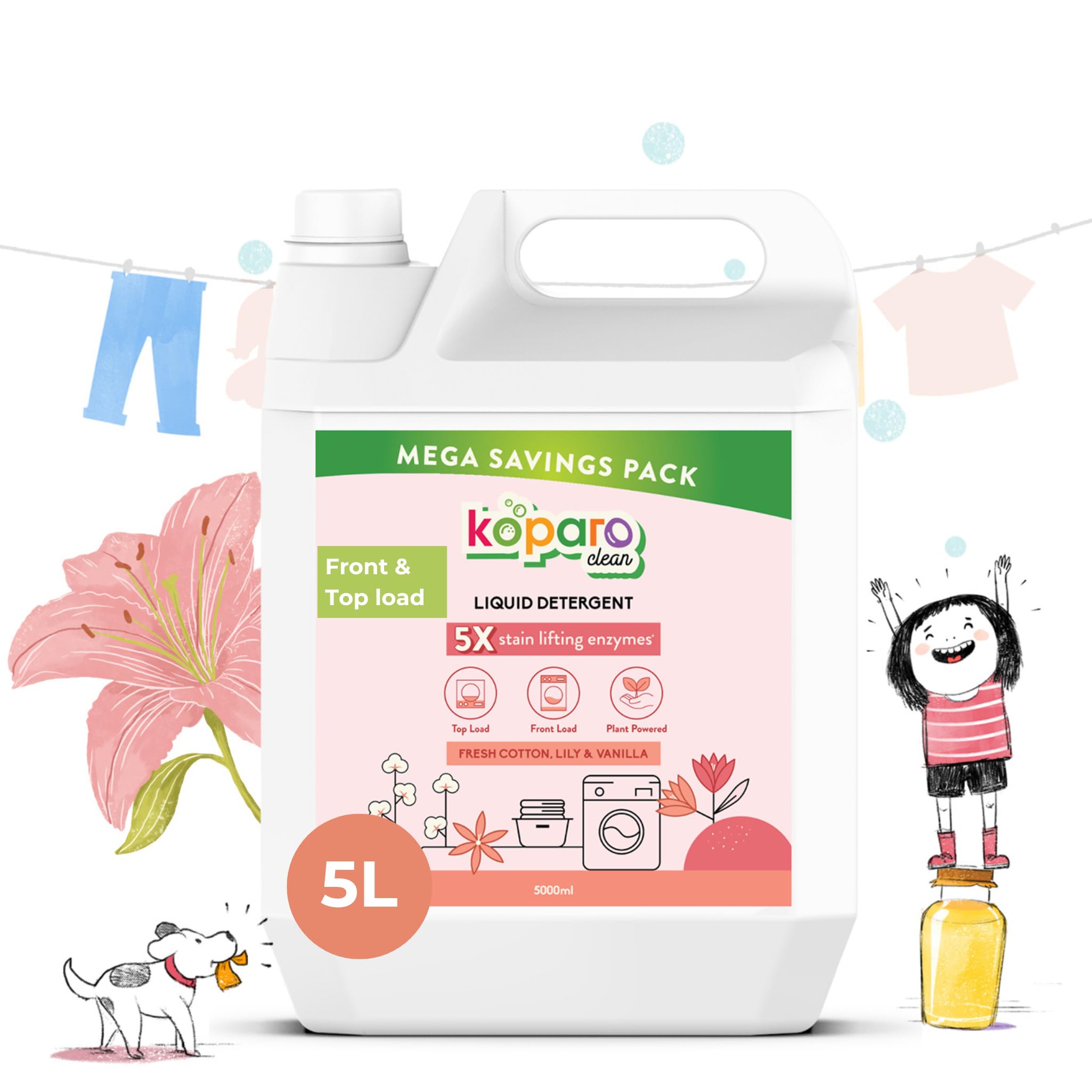 KoparoNatural Laundry Liquid Detergent | 5 Litres | Fresh Cotton, Lily & Vanilla | Top Load, Front Load Washing Machine & Hand Wash Friendly | Organic & Eco-Friendly | Tough on Stains, Safe for Kids