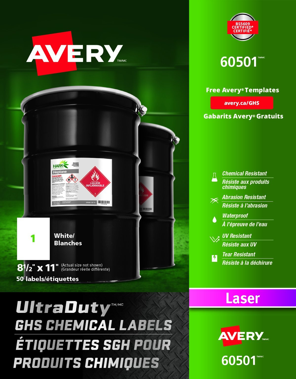Avery UltraDuty GHS Chemical Labels for Laser Printers, Waterproof, UV Resistant, 8.5