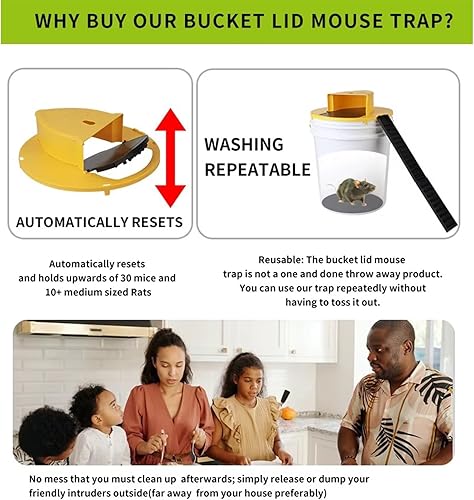 Miniatura 8 de Trampa para ratones, tapa abatible para cubeta de 5 galones, para uso humano en interiores y exteriores, desmontable y resistente (amarillo)