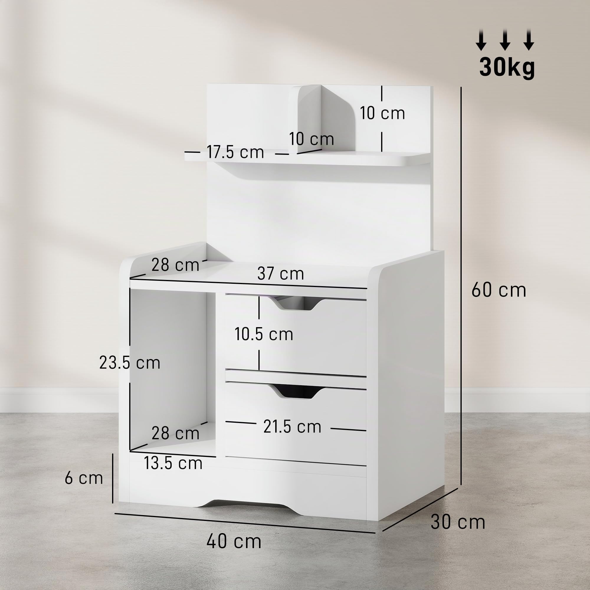 HOMCOM Comodino Camera da Letto con 2 Cassetti 40x30x60 cm Bianco Lucido