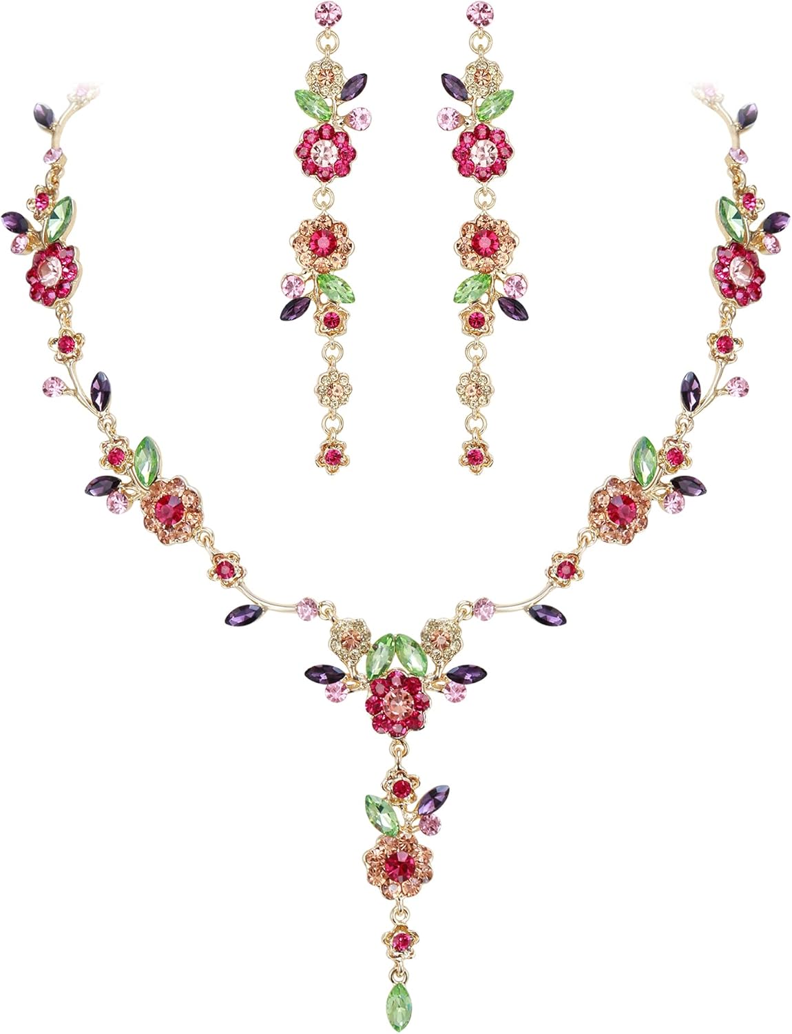 Flyonce Floral Jewelry Sets for Women, Wedding Brides Bridal Rhinestone Crystal Flower Leaf Vine Pendant Necklace Long Dangle Earrings Set for Prom Party