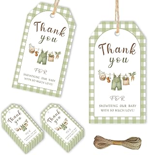 50Pcs Farmers Market Thank You Tags Locally Grown Baby Shower Party Favors | Green Gingham Vegetable Bodysuit Gift Wrap Tags for Boys Girls Farmer's Market Baby Shower Gender Reveal Supplies