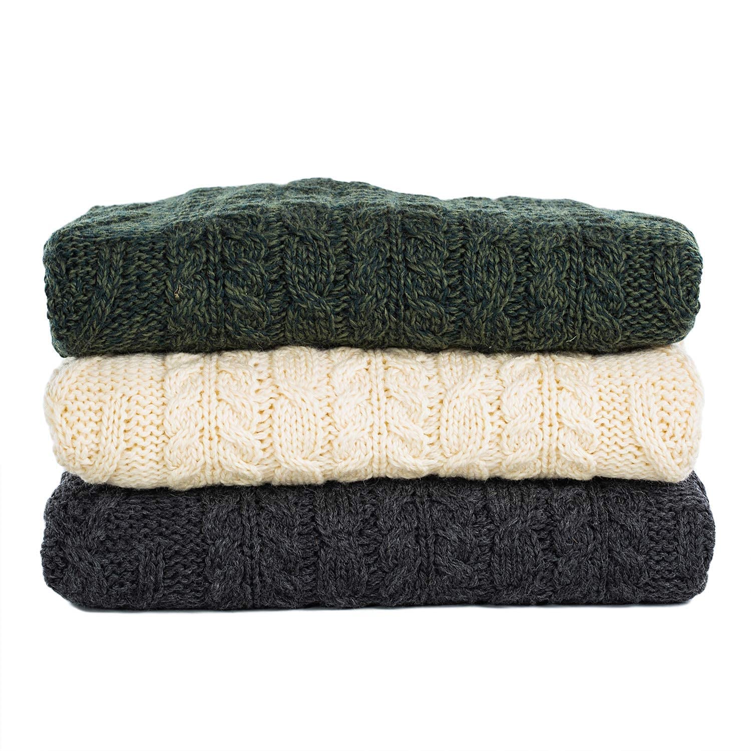 SAOL Traditioneller Herren Aran Pullover mit Rundhalsausschnitt aus 100% Merinowolle Strickjacke, in Natur/Holzkohle/Armeegrün