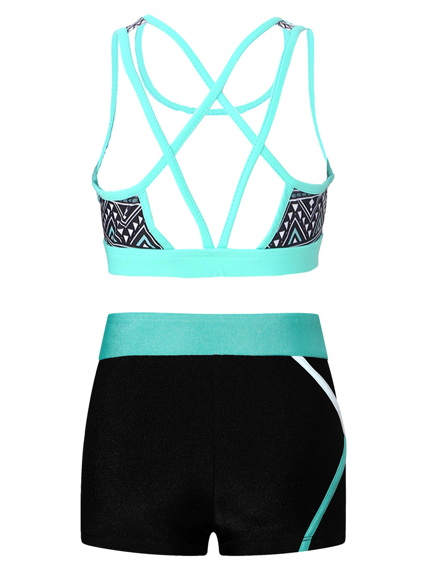 TTAO Kids Girls Swimming Costume Rash Guard Surfing Outfit Printed Sports Bra with Athletic Shorts Clothes Set Geometric Black 16 Years