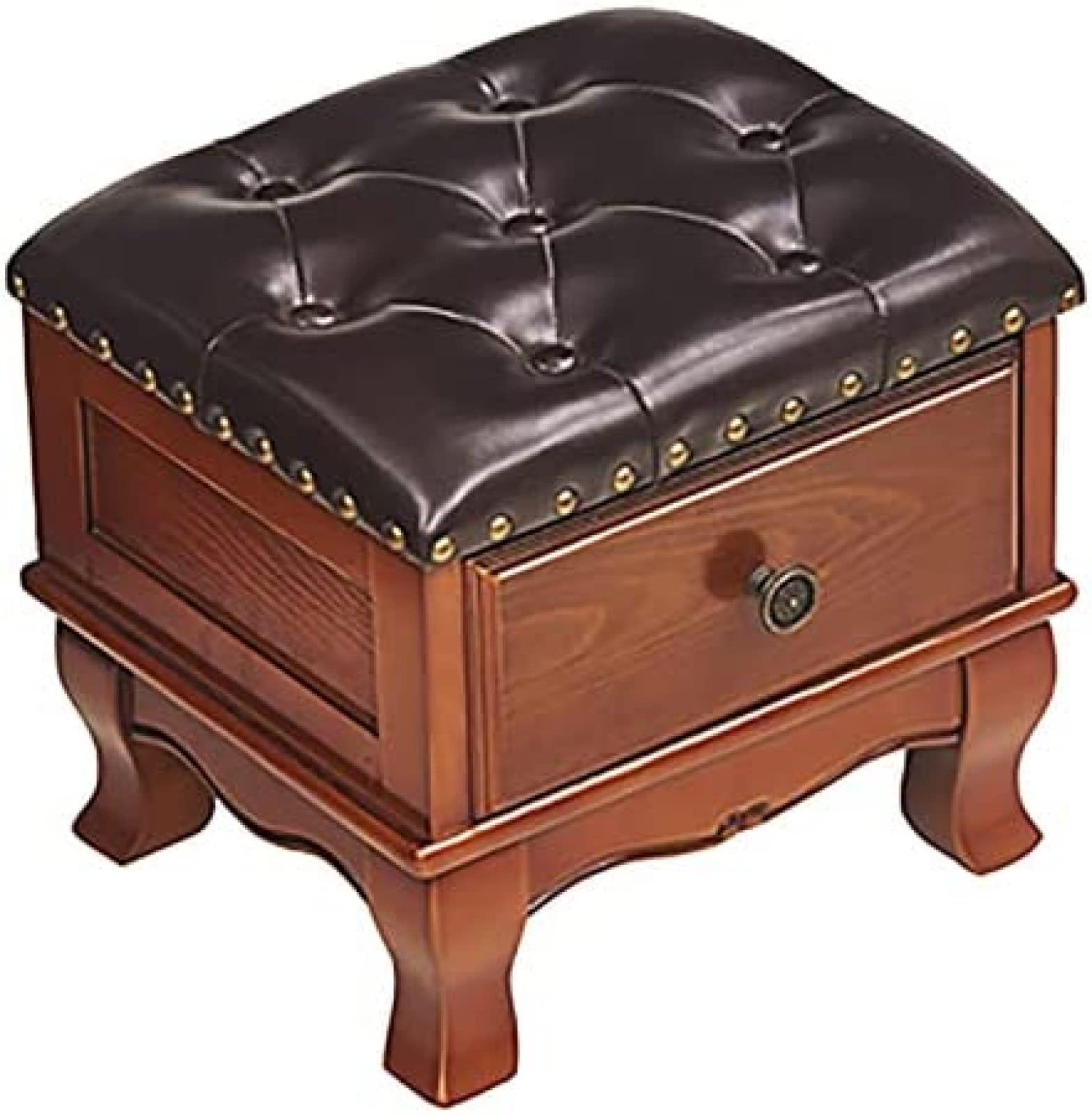 Pouf en cuir capitonné et boutons en D sur structure noble en bois massif