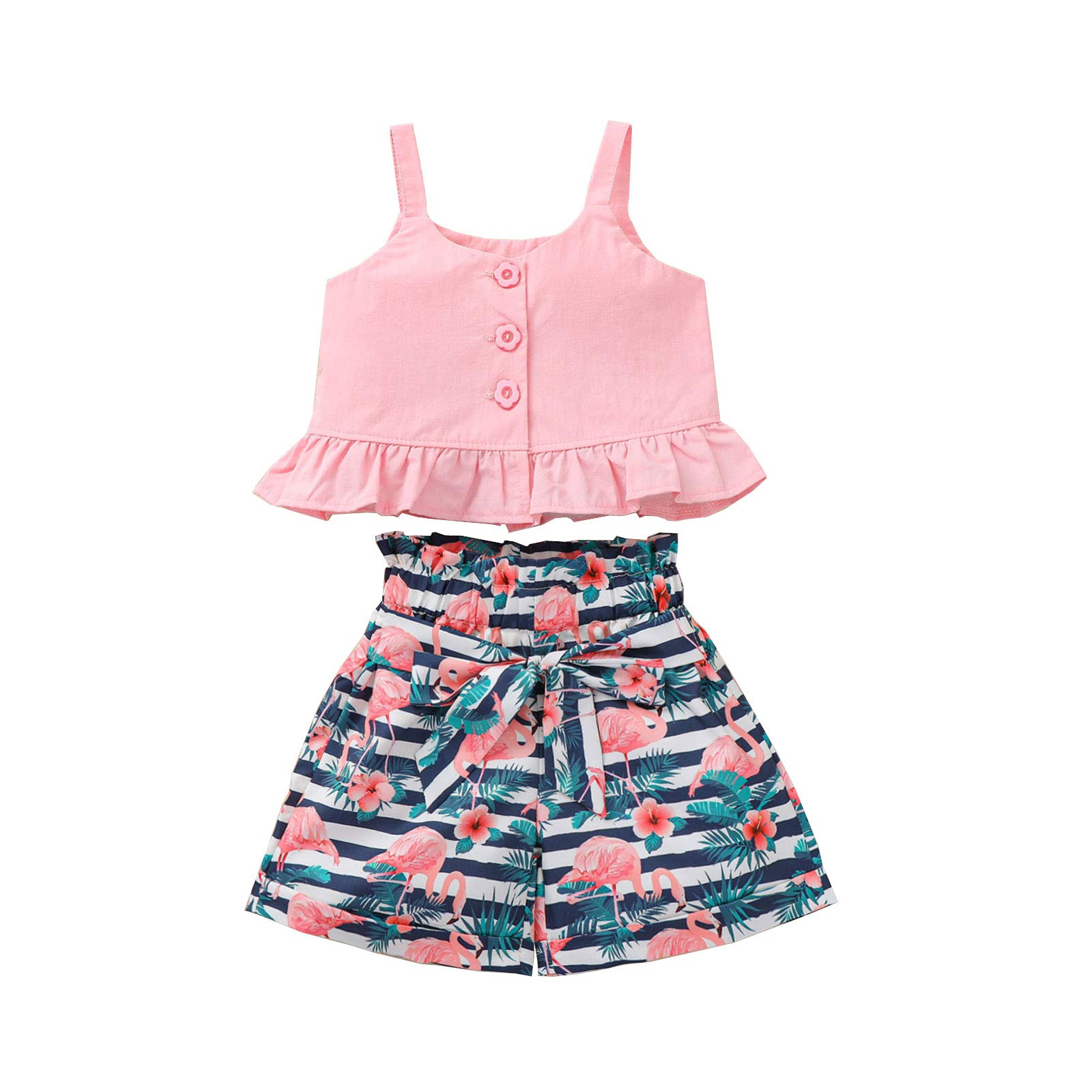 Toddler Girl Summer Short Sets Ruffle Strap Crop Top Camisole+ Flamingo Shorts 2PC Clothes Set Playwear Beach