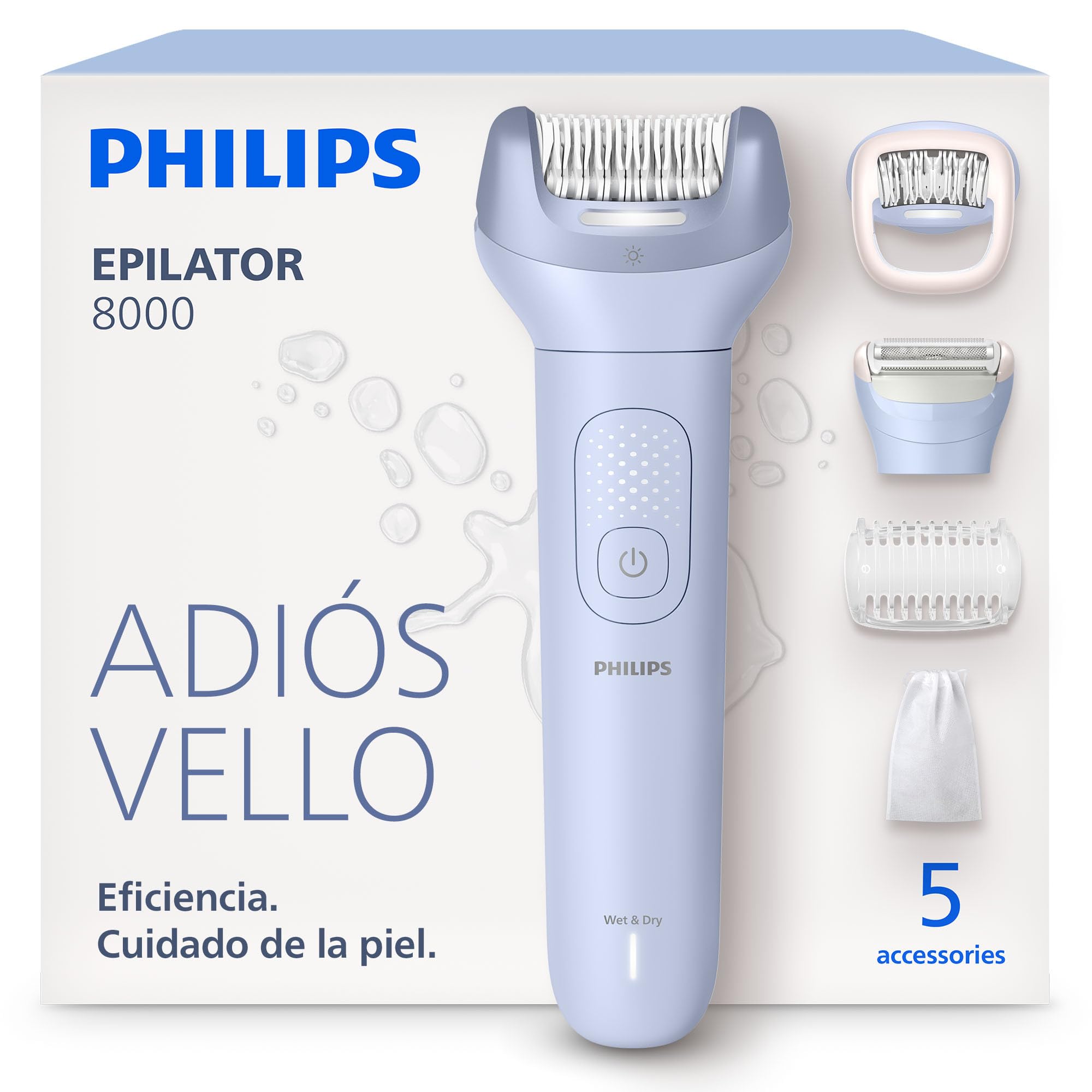 Philips Depiladora Serie 8000 - Depiladora eléctrica inalámbrica, uso en seco y en mojado, para piernas y cuerpo, con tecnología ProGuide, 5 accesorios, 60 minutos de autonomía, modelo BRE709/00
