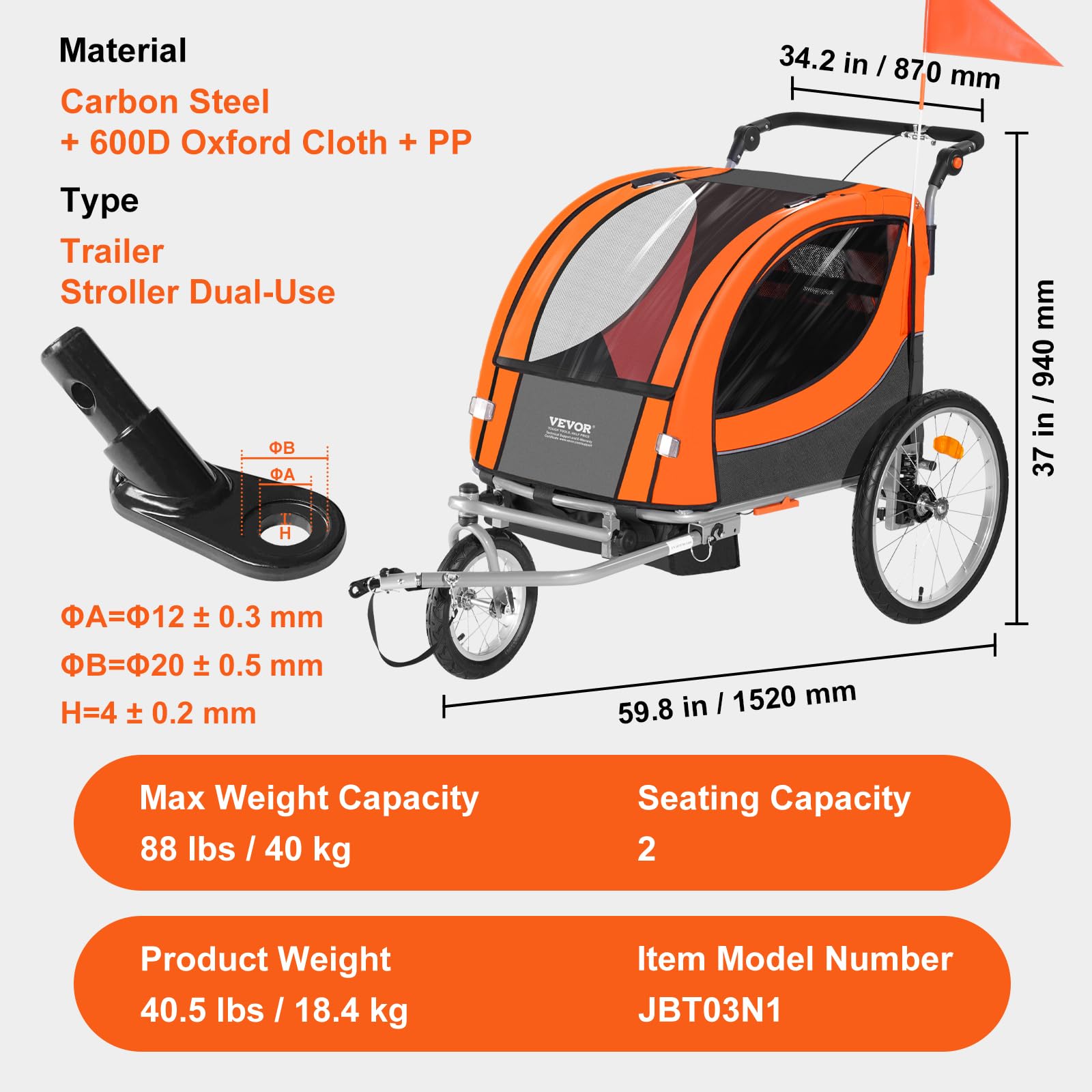 VEVOR Remorque de vélo pour Enfants, siège Double, Charge 40 kg, Porte-auvent 2en1 transformant en Poussette, remorque de vélo Pliable pour Tout-Petits avec attelage de vélo Universel, Orange Gris